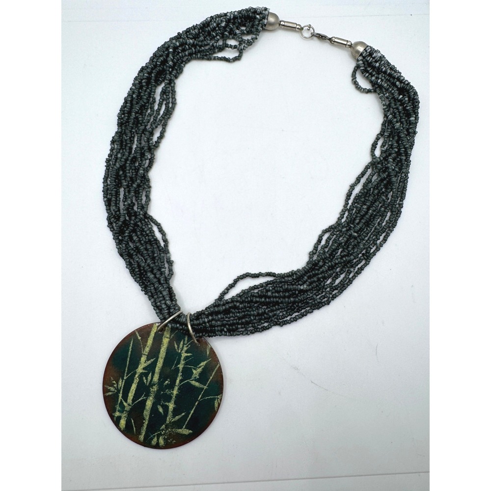 Multi-Strand Seed Bead Necklace Enamel Bamboo Pendant Teal Grey Green